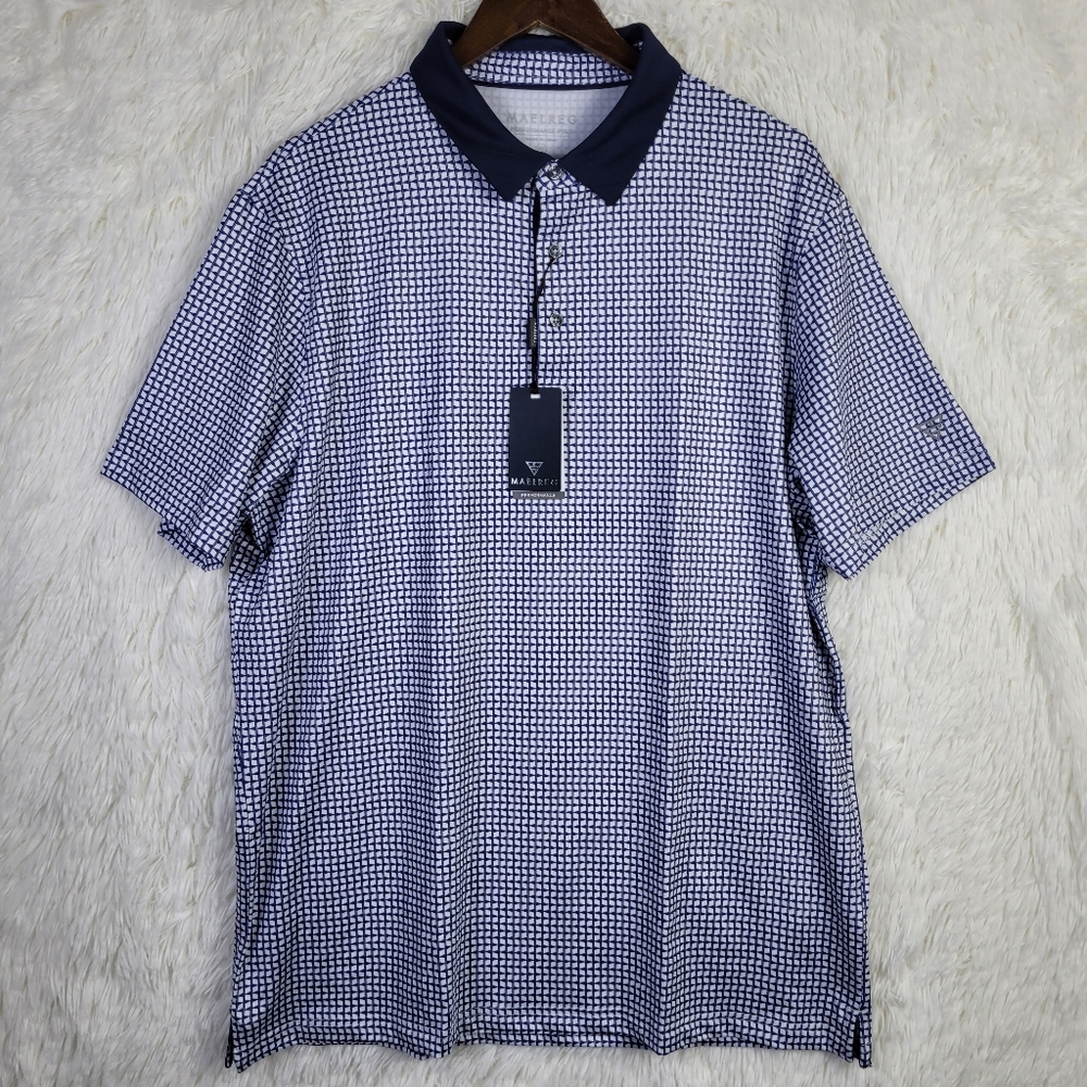 NWT XL Maelreg Mens Navy Blue Flagpole‎ Performance Polo Geometric Preppy Golf